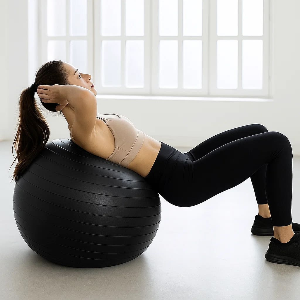 CoreBalance Stability Ball used for core workout with a woman performing exercises on the ball in a bright room.