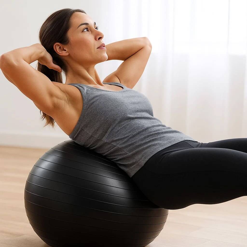 Woman exercising with CoreBalance Stability Ball to enhance core strength and posture.
