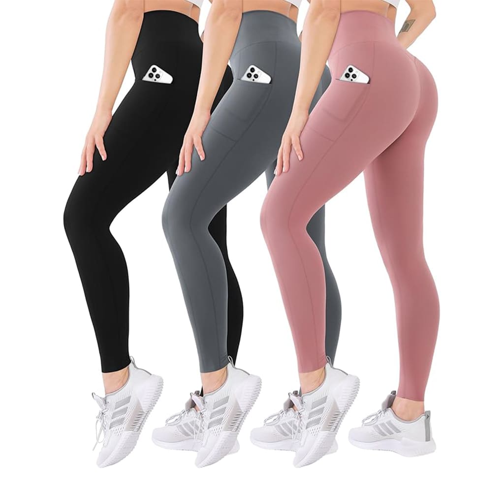 FormFit Leggings in black, gray, and pink showing breathable comfort and deep side pockets for practicality.