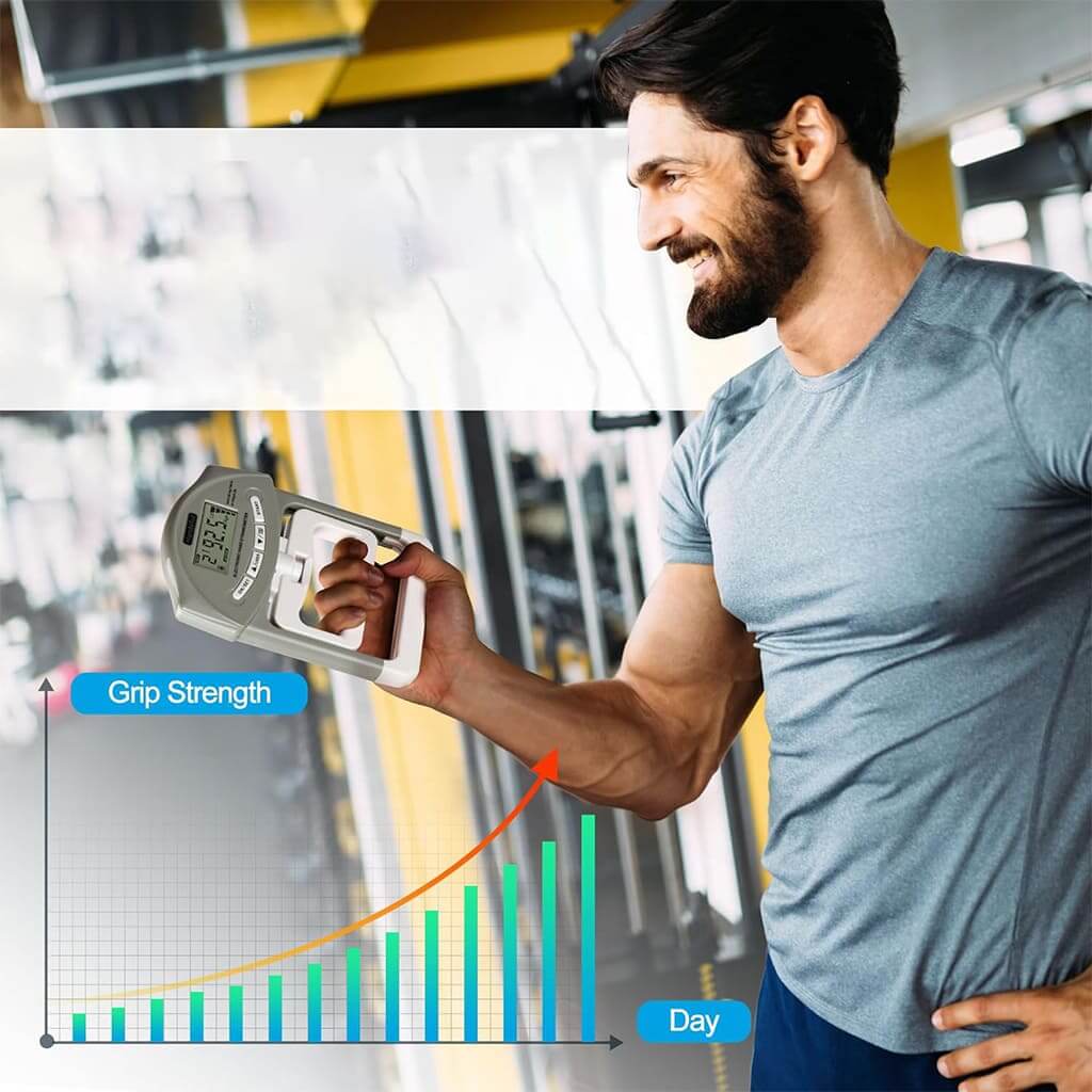 Man using GripPro Digital Hand Dynamometer to measure grip strength in the gym with a graph showing progress.