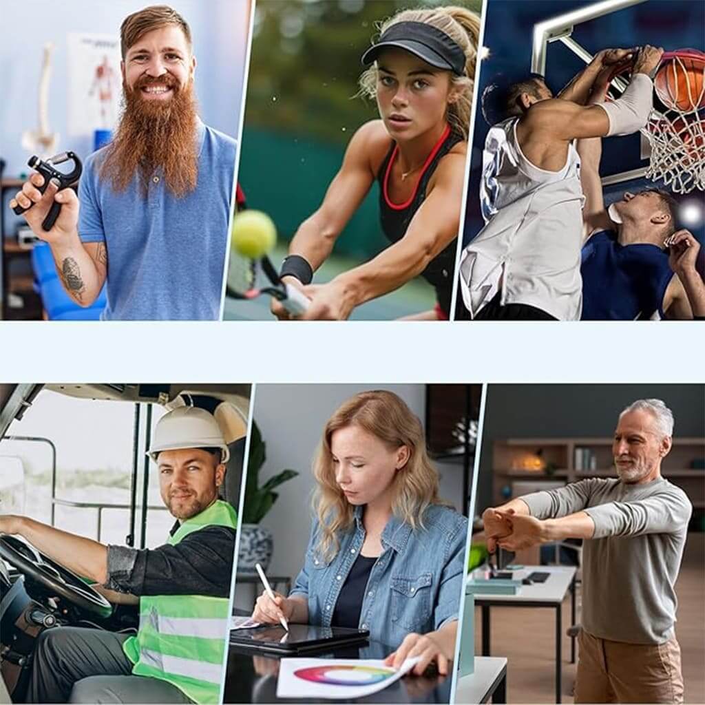GripFlex Hand Strengthener used by diverse individuals for various activities, improving grip strength and hand fitness.