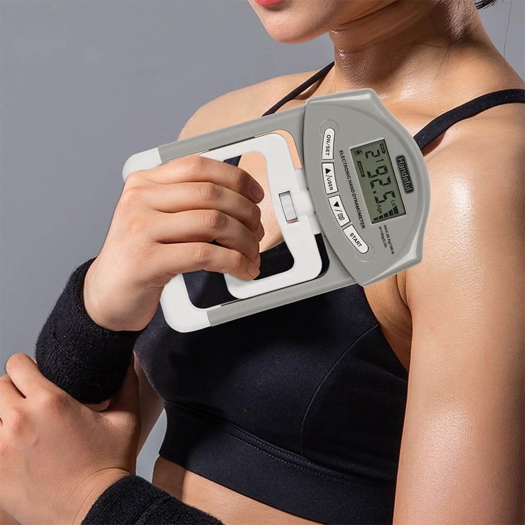GripPro Digital Hand Dynamometer measuring grip strength with LCD display and ergonomic design.