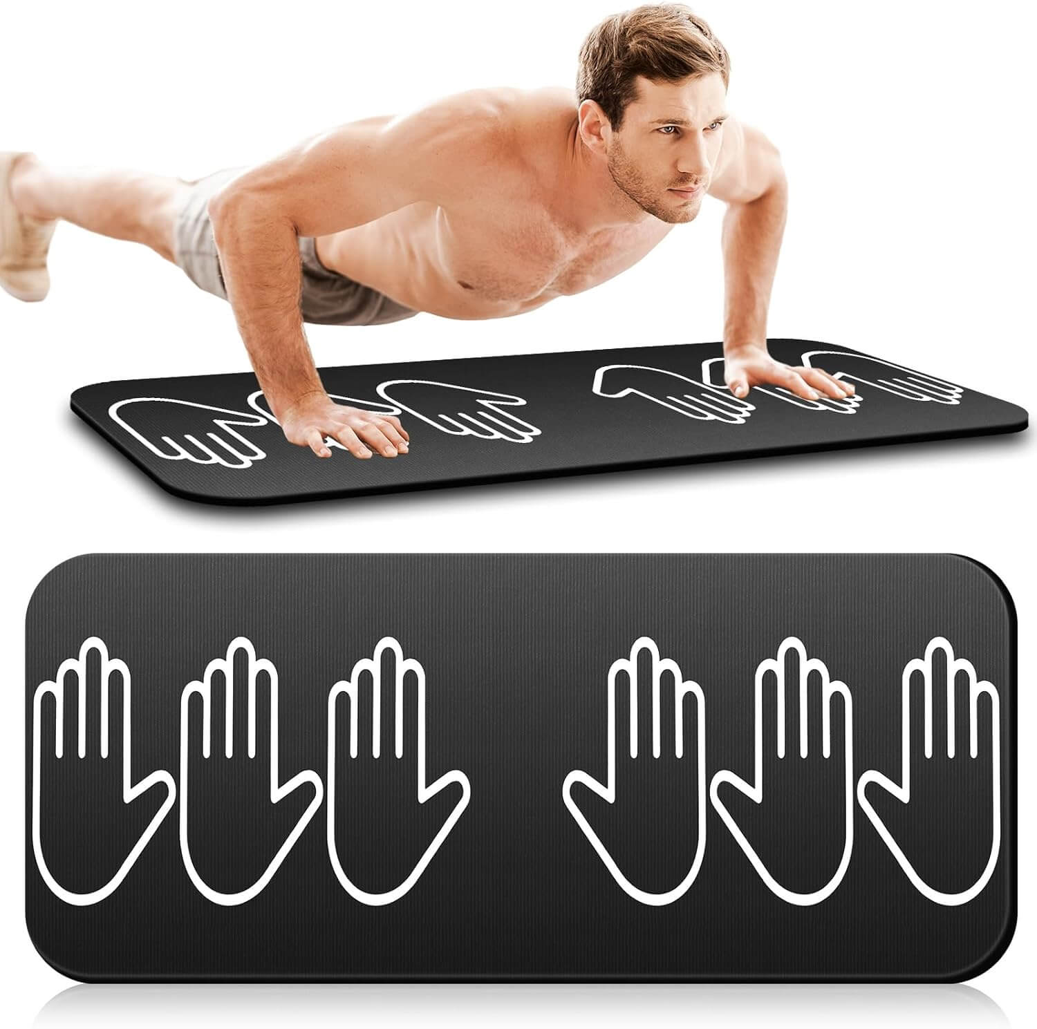 Medivita CoreAlign Trainer exercise mat with hand placement graphics for optimal workout alignment.