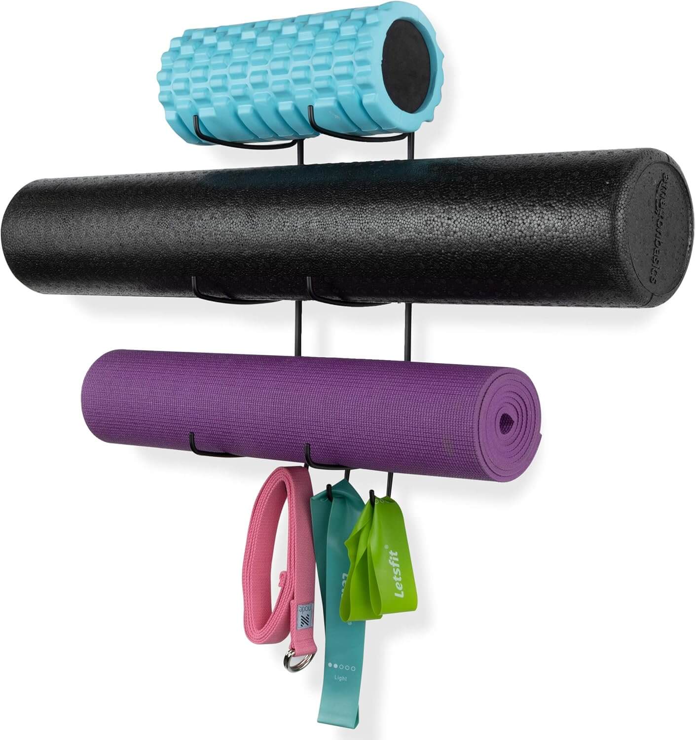 Medivita FlexRack Organizer displaying yoga mats, foam rollers, and resistance bands in a home gym setting.