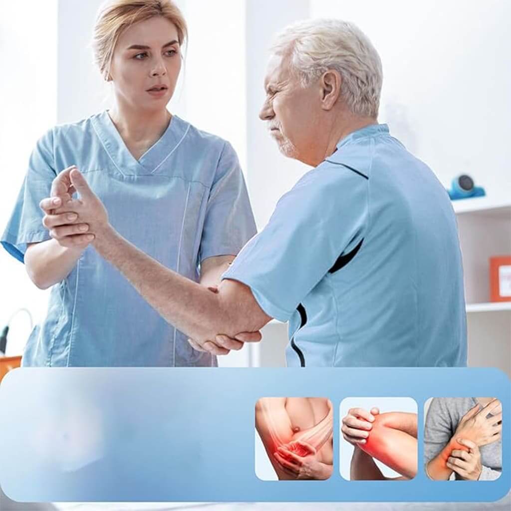 GripFlex Hand Strengthener being used for rehabilitation to improve hand strength. Caring health professional assisting senior.