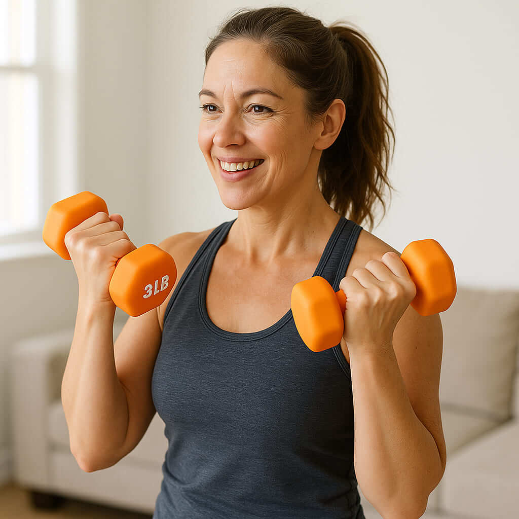 A woman exercising with 3lb orange dumbbells, smiling and improving her strength at home.