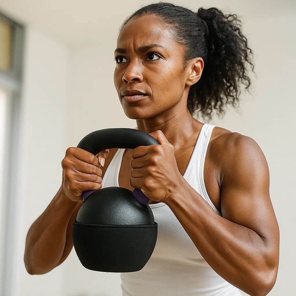 Woman using VersaBell ProFlex adjustable weight for strength training in home workout.