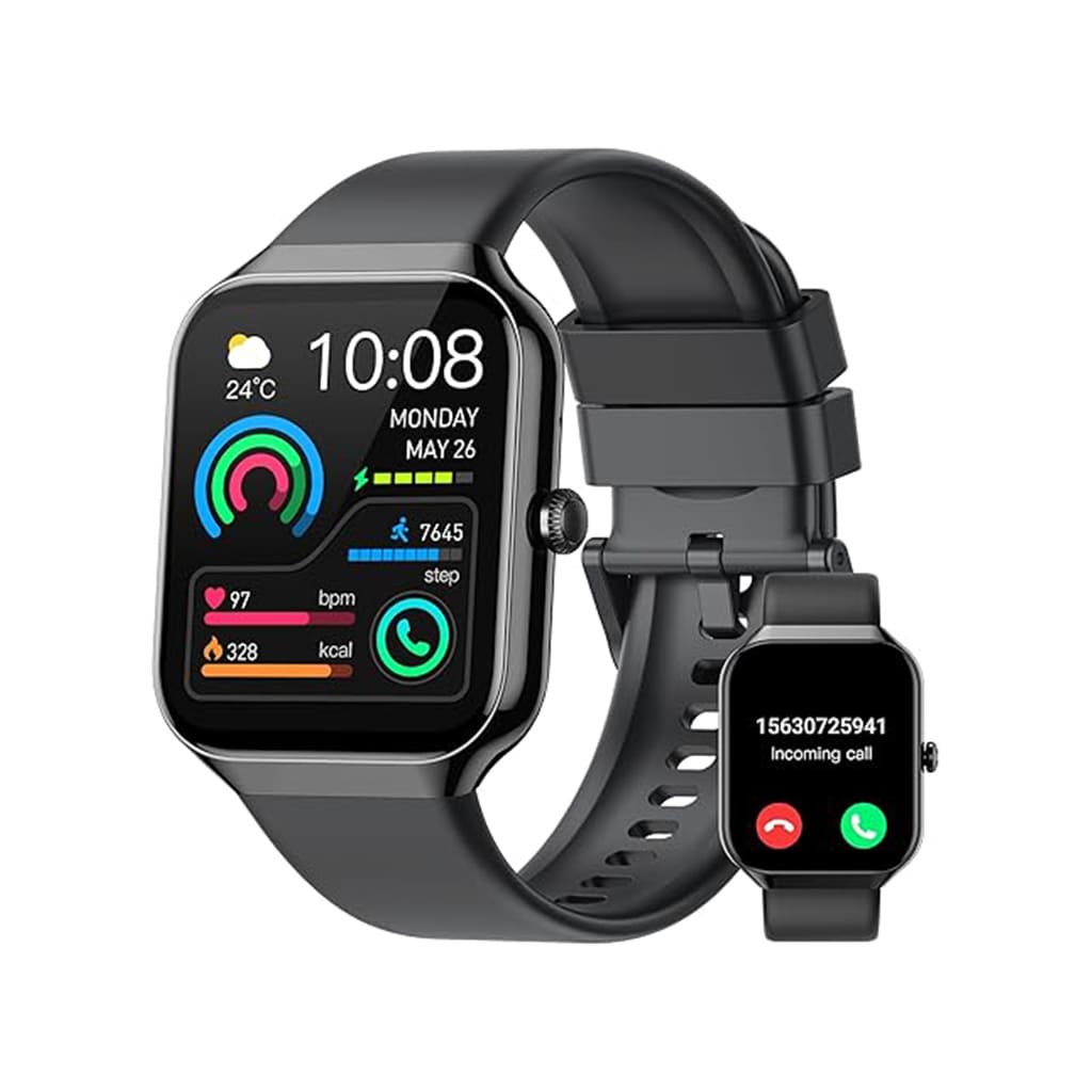 VibeSmart Wellness Watch showcasing HD display and fitness tracking features with incoming call notification.