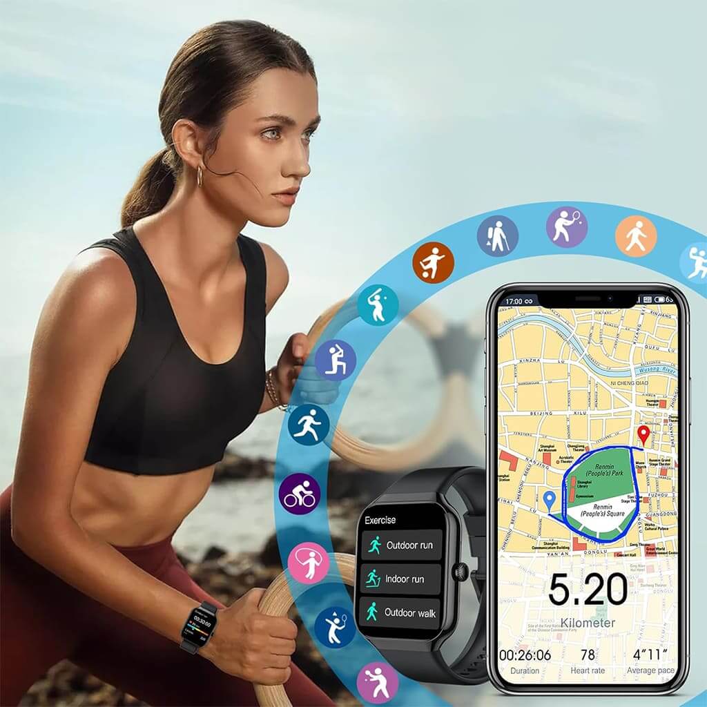 VibeSmart Wellness Watch displayed with a mobile app showing outdoor run stats and health tracking features.