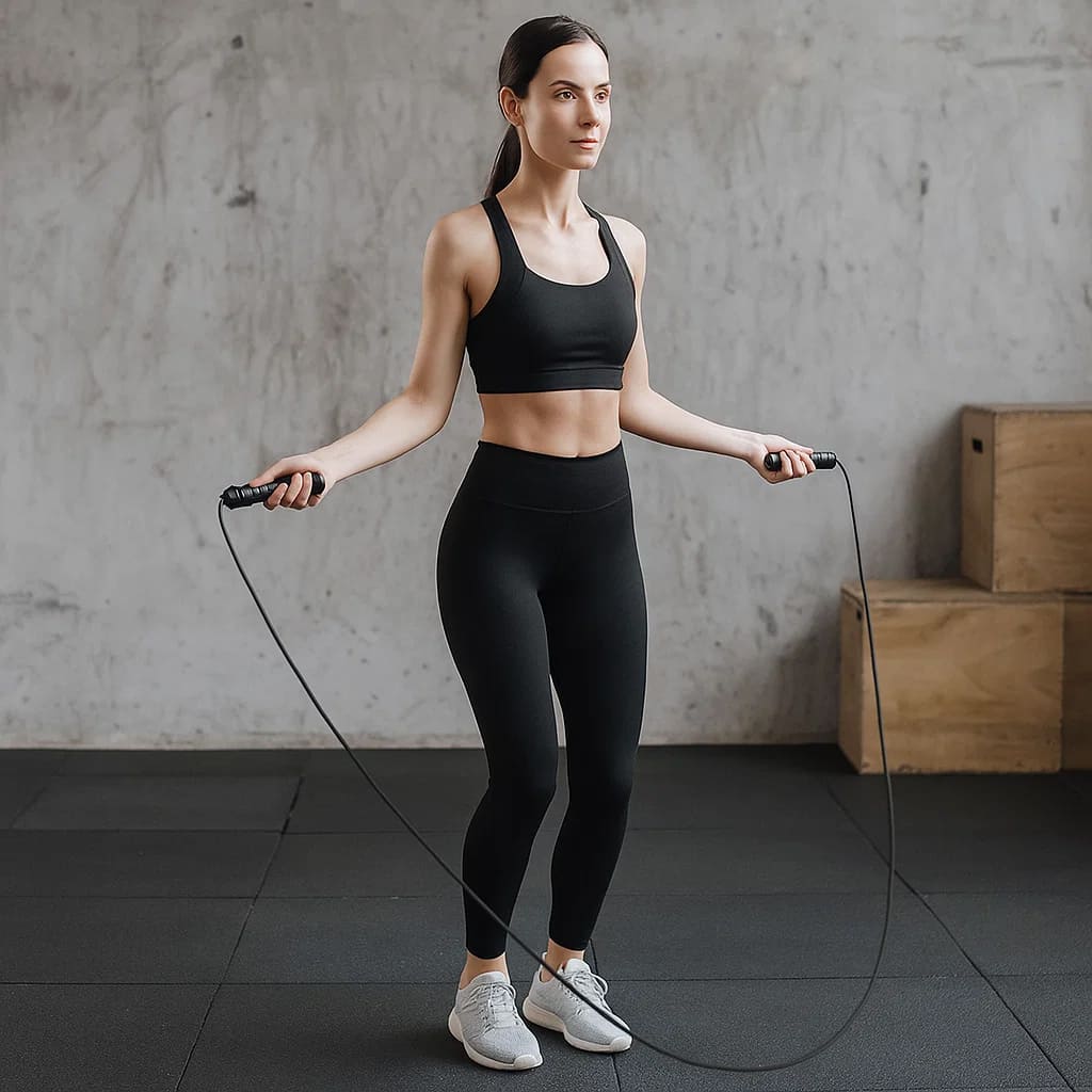Woman using SwiftRope – High-Speed Jump Rope in a fitness studio for cardio workout.