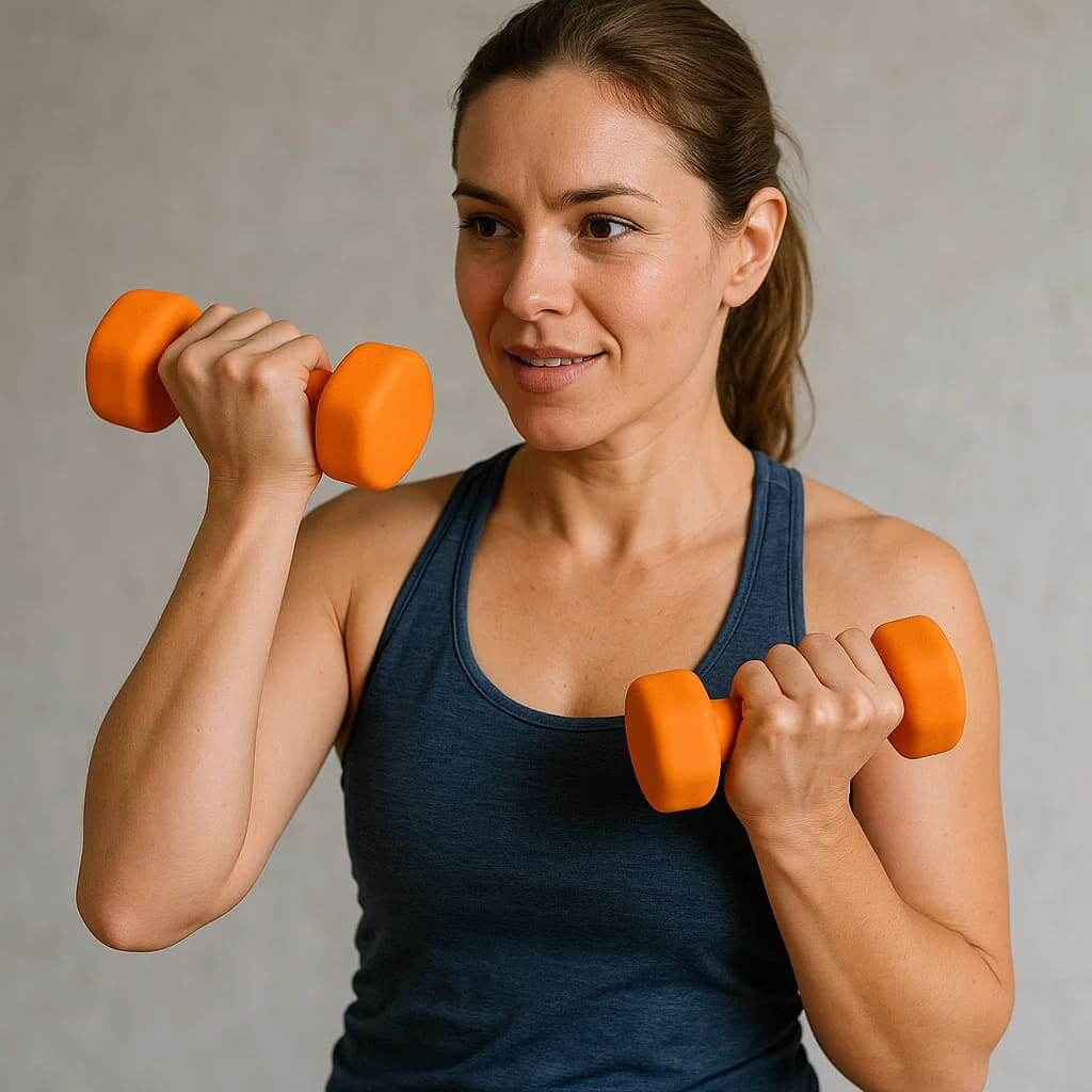 Woman using the GripFuerza Silicone Ring Trainer to strengthen hands and relieve tension.